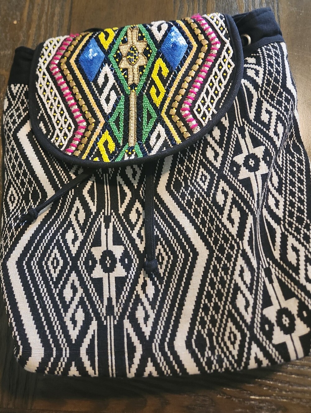 Expressions Nyc Beaded Black & White Tribal Drawstring Backpack